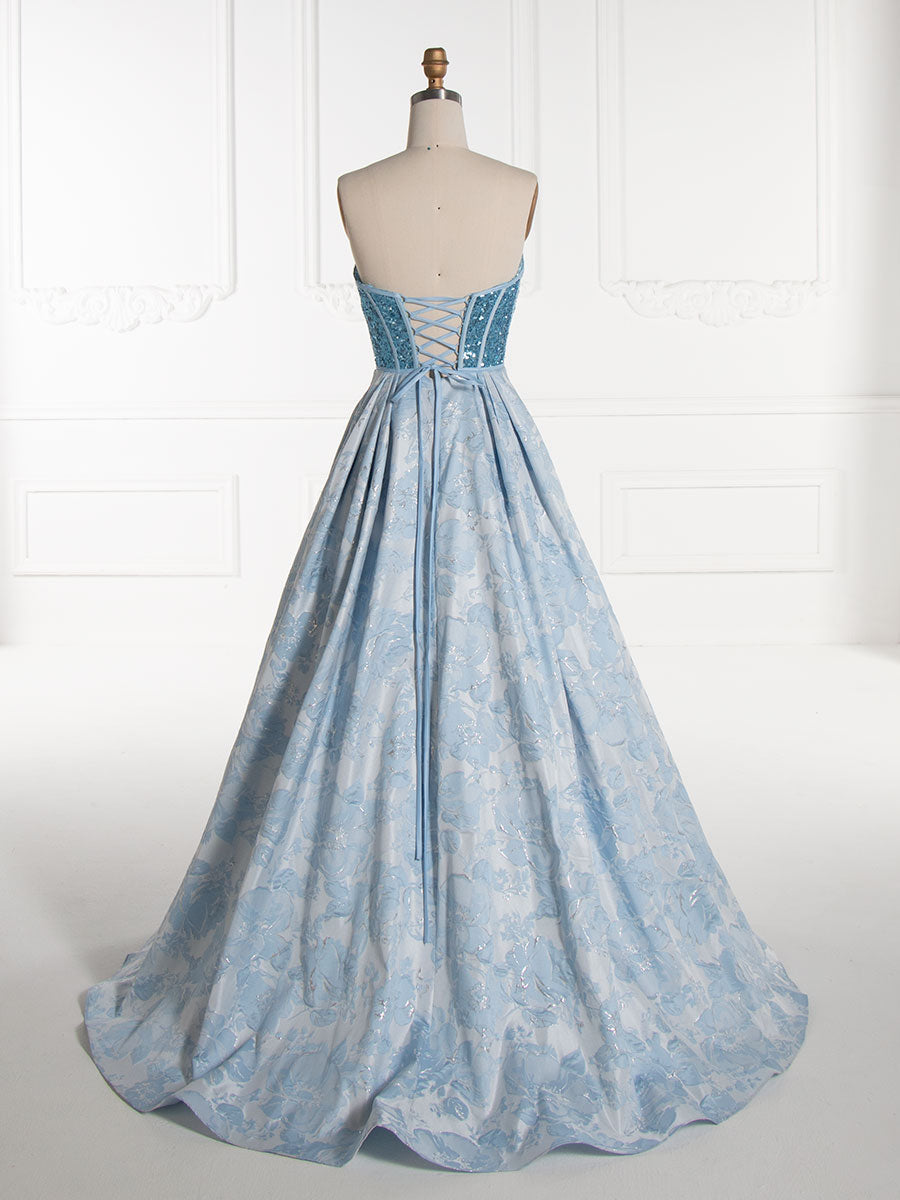 Elegant Sweetheart Blue Sequin Corset, Top Jacquard, Long Prom Dress