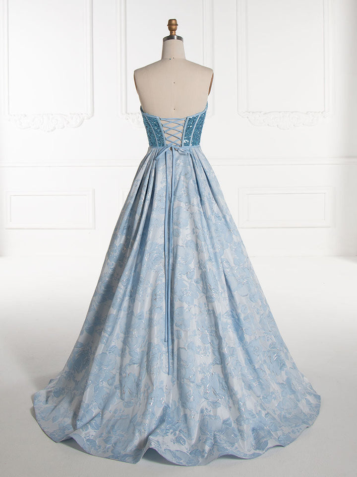 Elegant Sweetheart Blue Sequin Corset, Top Jacquard, Long Prom Dress
