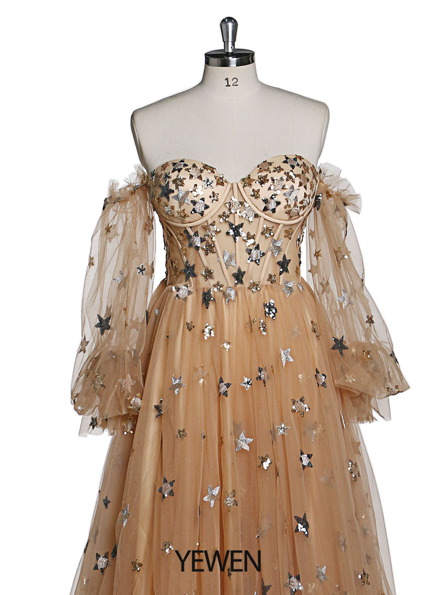Abendkleid mit funkelnden Sternen, lang, abnehmbare Ärmel, formelles Partykleid, Fotoshooting-Kleid, Übergröße, YW220311 