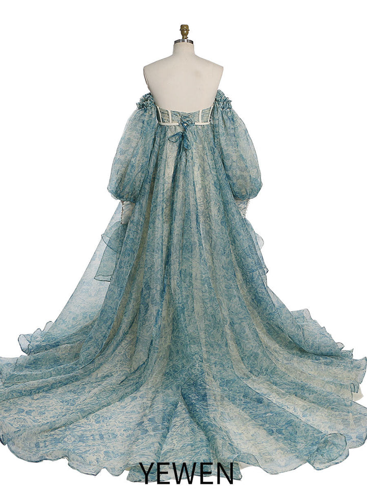 Umstandskleid Fotoshooting Print Blumenmuster Seide Weicher Organza Schulterfreies Maxikleid mit Schleppe YW230305 