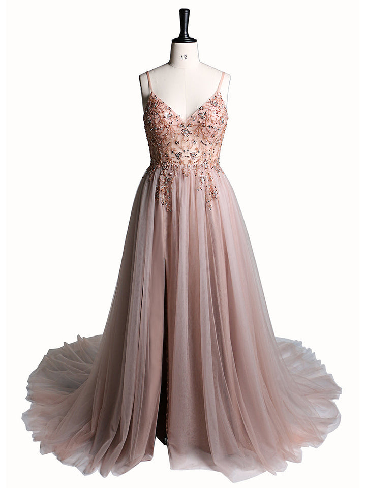 Sexy Partykleid mit Perlen besetztem Spaghettiträger, rückenfreies Maxikleid aus Tüll mit 60 cm Schleppe