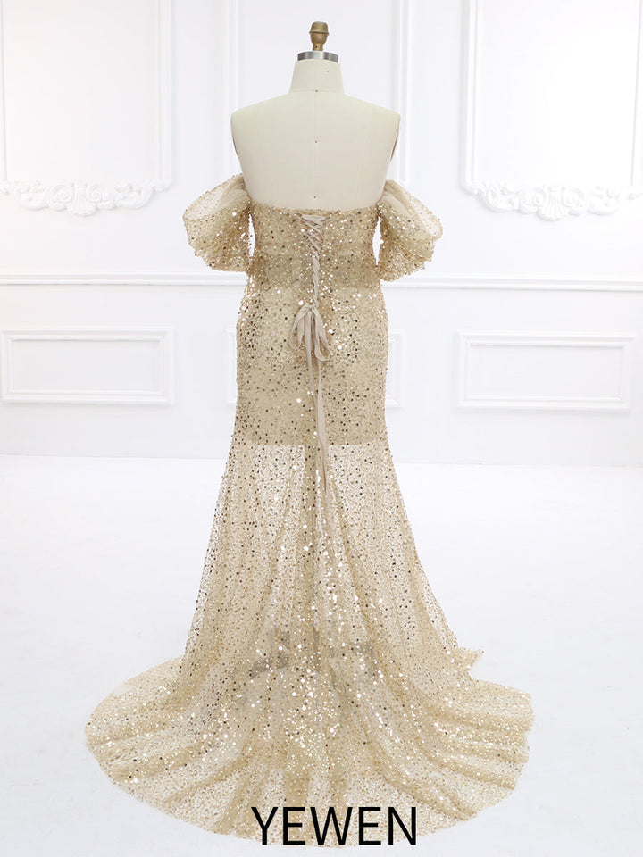 Umstandskleid mit goldenen Pailletten und Perlen für Fotoshootings, Schwangerschaftsfotografie, Babyparty-Kleid YW231140 