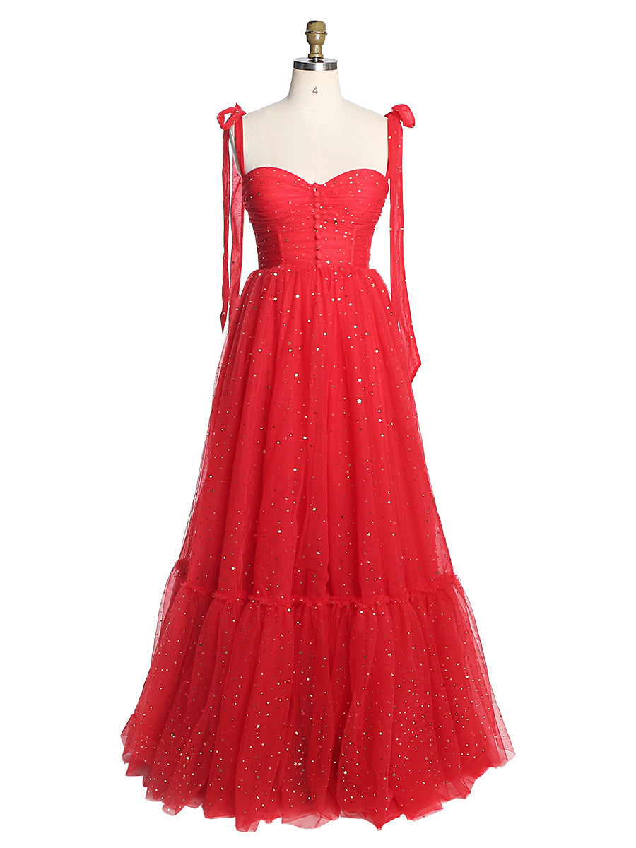 Ärmelloses Ballkleid aus Tüll mit herzförmigem Ausschnitt und Sternenmuster und Knopfdetail YW231022