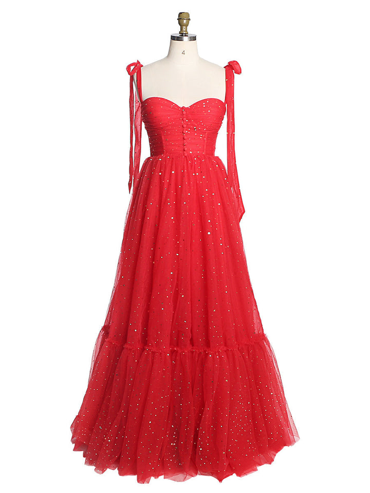 Ärmelloses Ballkleid aus Tüll mit herzförmigem Ausschnitt und Sternenmuster und Knopfdetail YW231022