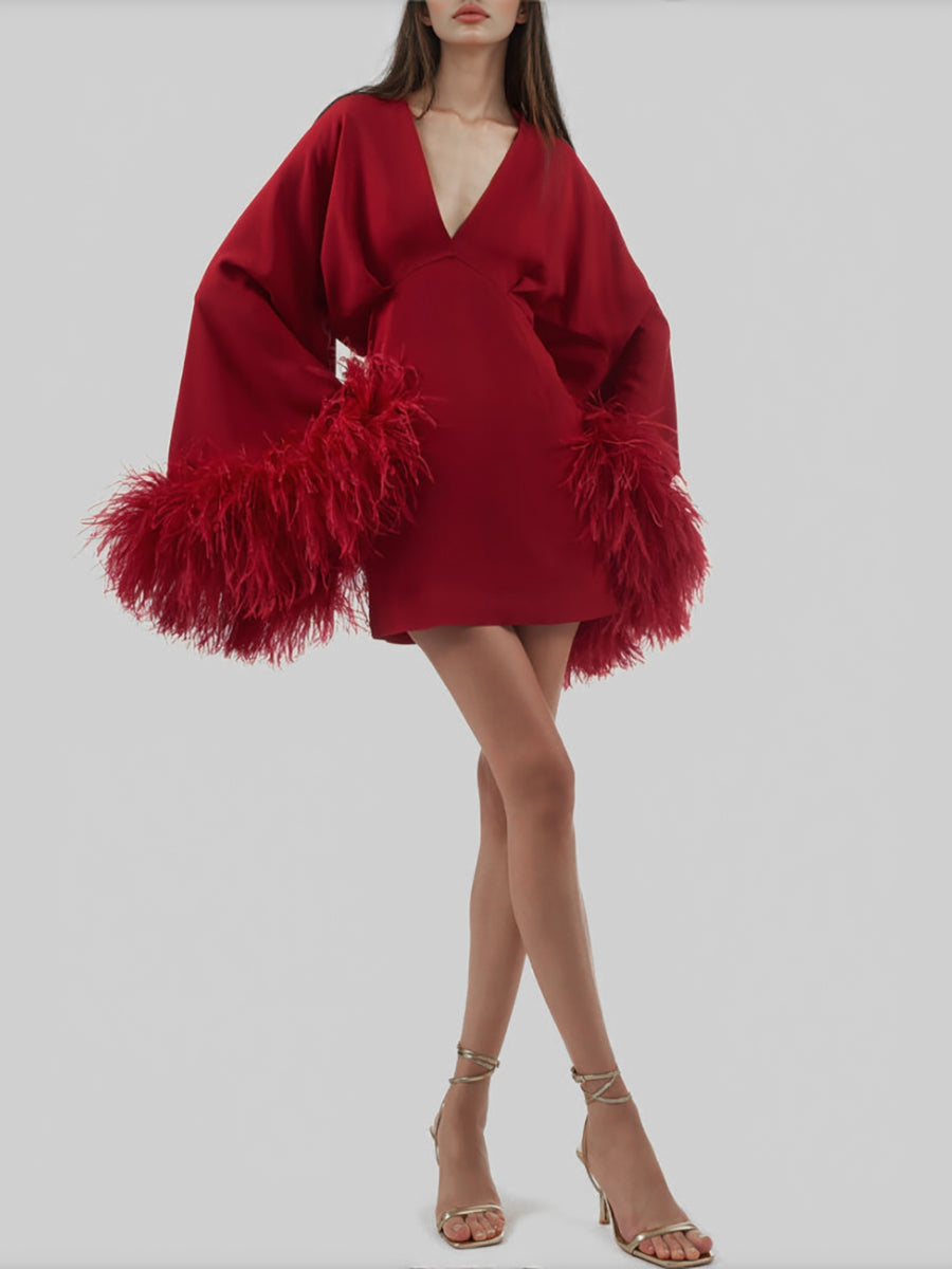 Damen Sexy Doppelter tiefer V-Ausschnitt Lange Ärmel Mit Federn Minikleid Gatsby Cocktail Club Party Kleider 