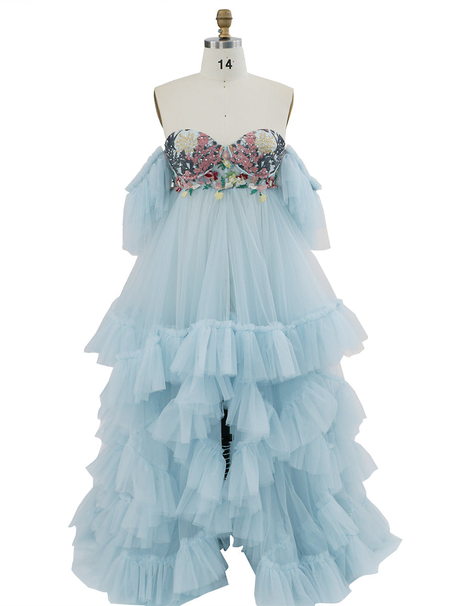 Tüll mit Stickerei Spitze Umstandskleid für Foto-Shooting Rüschen Maxi Frau Fotografie Kleid Outfit YW220628 
