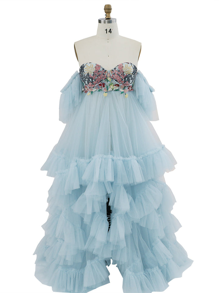 Tüll mit Stickerei Spitze Umstandskleid für Foto-Shooting Rüschen Maxi Frau Fotografie Kleid Outfit YW220628 