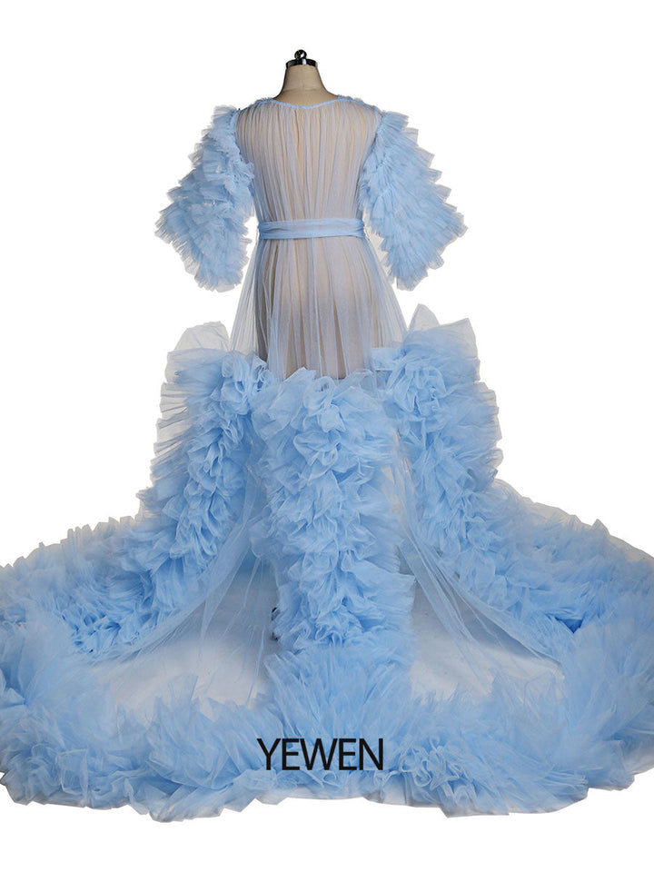 Tüll Rüschen Kurzarm Grünes Umstandskleid für Fotoshooting Kleid Babyparty 