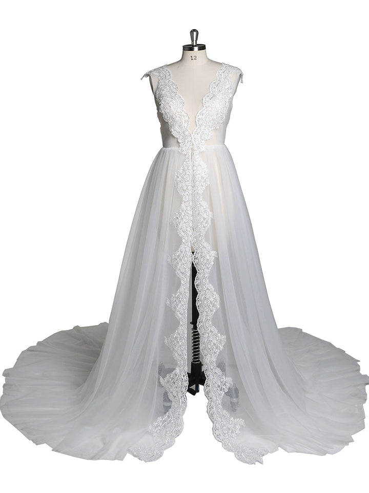 Elegantes ärmelloses sexy Tüll-Spitzen-Maxi-Brautkleid mit Schlitz, Umstandskleid für Fotoshooting 