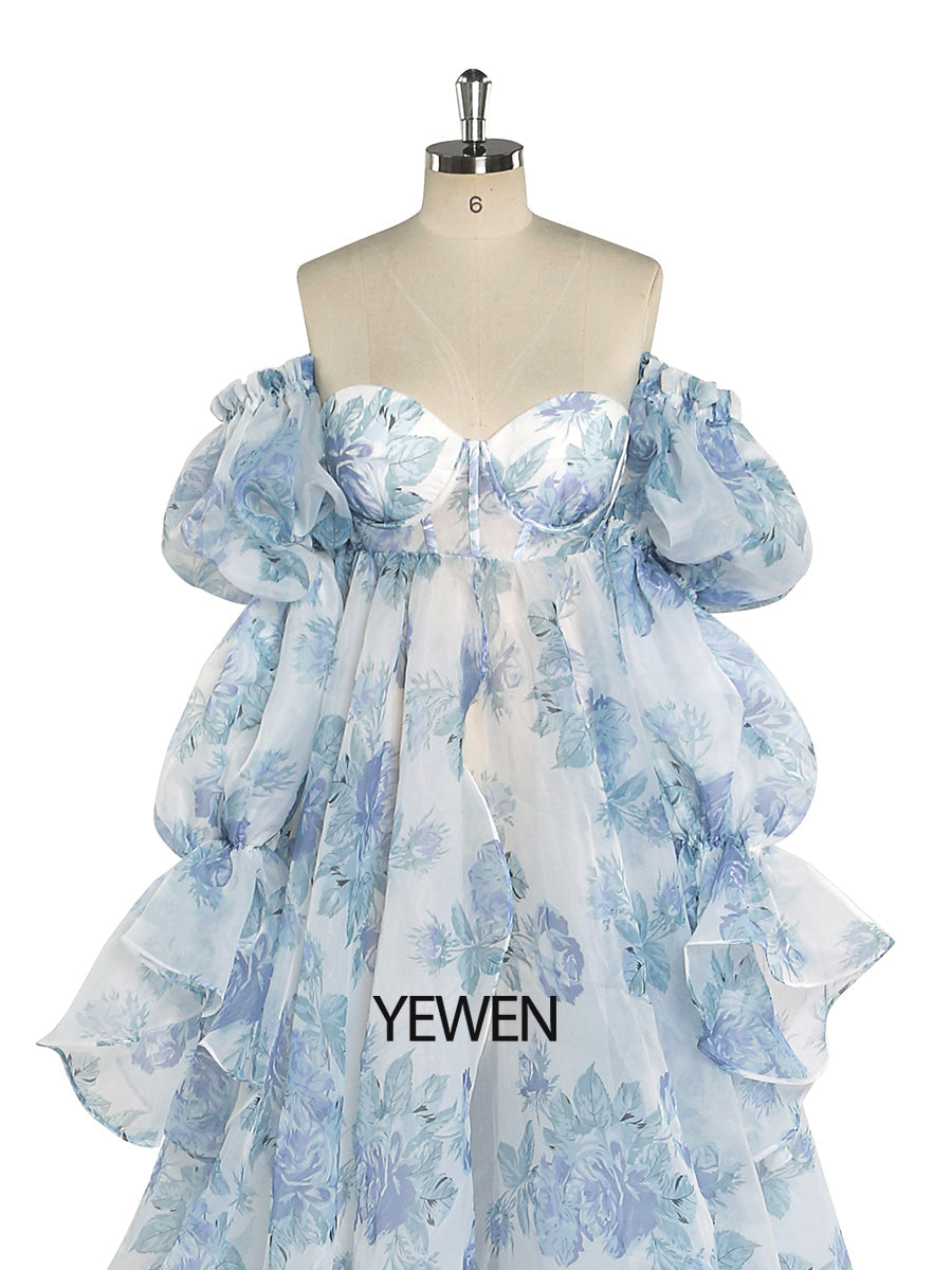 Neue Umstandskleider aus Organza-Seide mit Blumendruck für Fotoshootings, Babypartys, Fotografie-Requisiten, Schnürung am Rücken, YW221105 