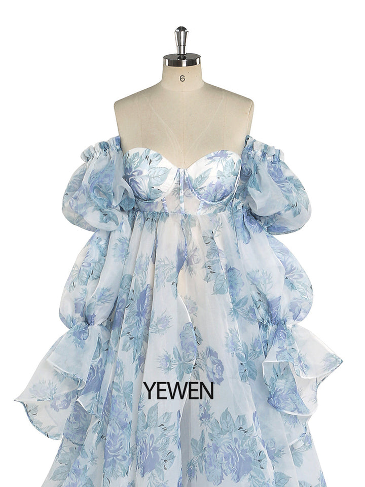 Neue Umstandskleider aus Organza-Seide mit Blumendruck für Fotoshootings, Babypartys, Fotografie-Requisiten, Schnürung am Rücken, YW221105 