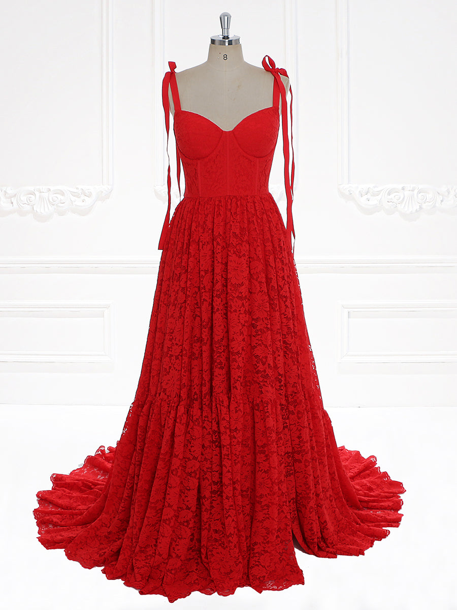 Red/Green/White Lace Corset Dress Long with Straps, A-Line Floor-Length Prom Party Gown,Photo Shoot Dress 