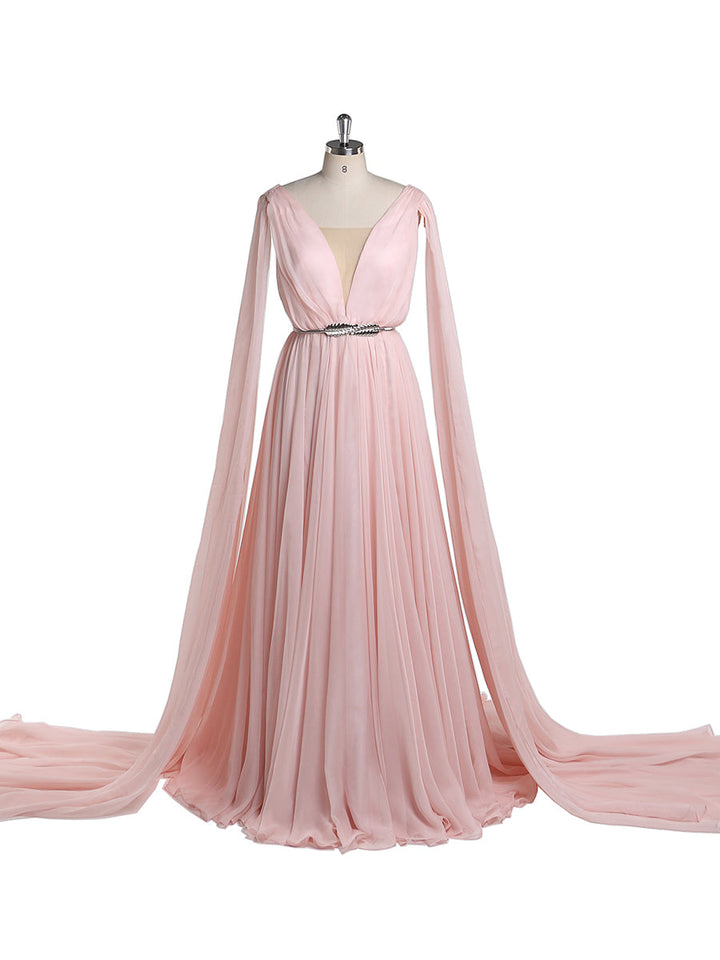 Chiffonkleid mit höherer Taille, V-Ausschnitt, Cape-Ärmel, elegantes Party-Maxikleid, Umstandskleid mit Schnürung