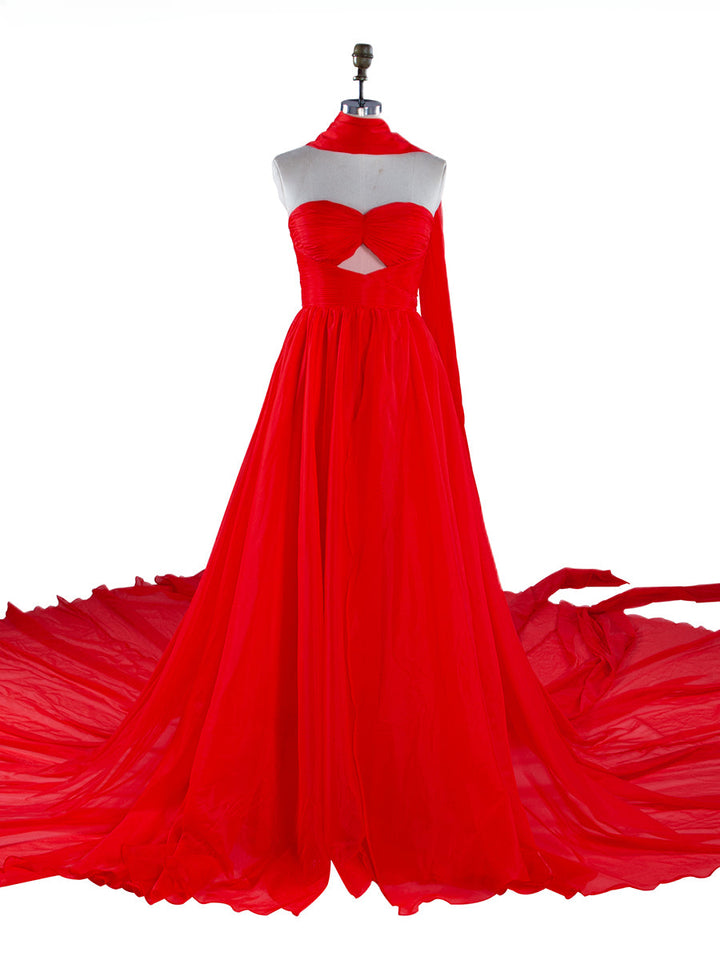 Rotes fliegendes Kleid für Fotoshooting, lange Schleppe, fließendes Seidenkleid aus weichem Organza, YW240111-1 