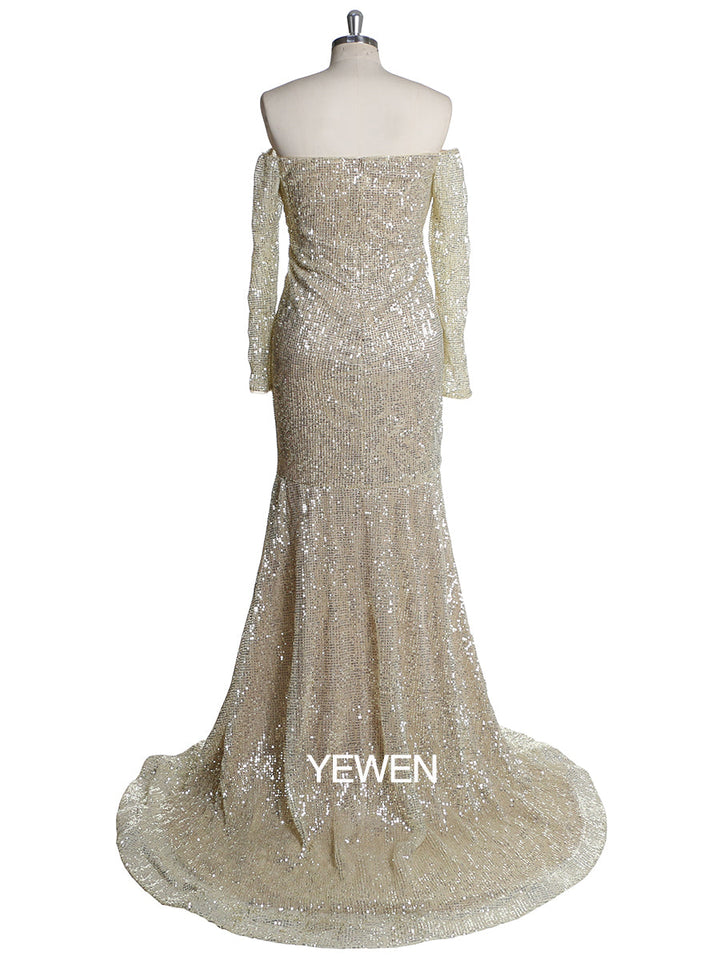 Langärmliges Pailletten-V-Ausschnitt-Abendkleid mit offener Vorderseite und Stretch-Bauch