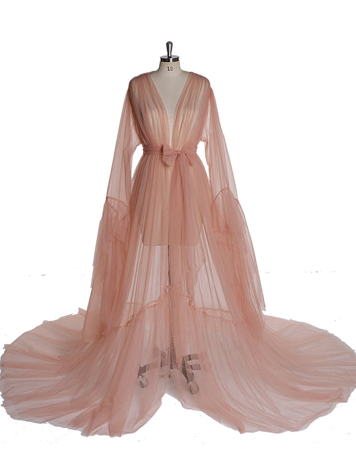 Elegantes V-Ausschnitt Umstands-Fotoshooting-Kleid Glockenärmel Sexy Maxikleid YW2055 