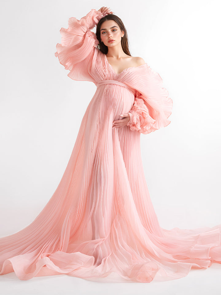 V-Ausschnitt, plissiertes Organza-Umstandskleid für Fotoshooting, großer Rock, transparentes Kleid für Schwangerschafts-Babyparty, YW250013 