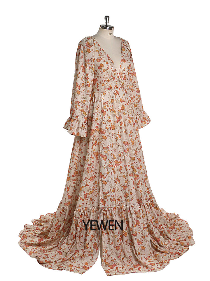 Elegant Cotton Floral Print Woman Maxi Dress Boho Beach Gown Adjustable Back Photography Props YW220810