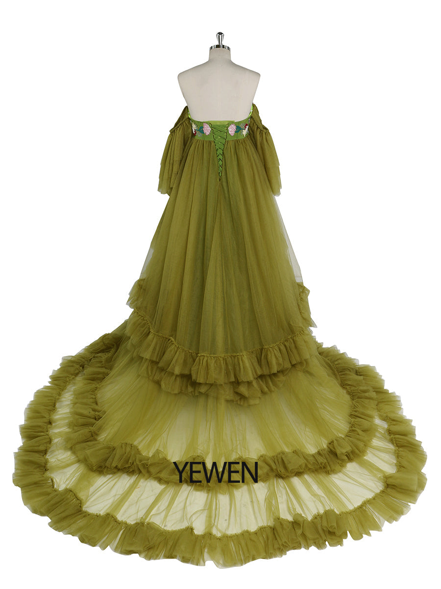 Schulterfreies Umstandskleid mit Stickerei, Spitze, Tüll, für Fotoshootings, Rüschen, Maxikleid für Damen, Fotografie-Outfit YW2045 