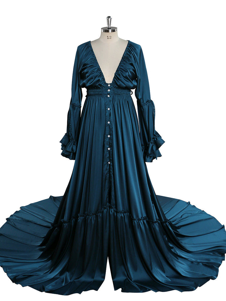 Seidenweiches Satin-Frauenkleid mit langen Ärmeln, Maxikleid, Fotografie-Shooting-Kleider YD211202 