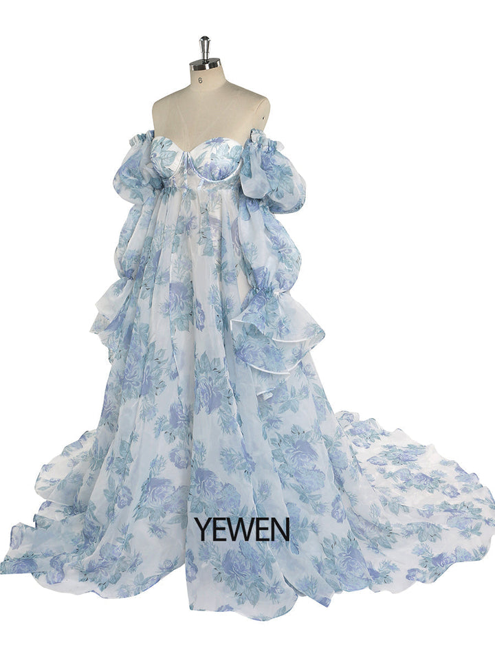Versandfertig - Blaue Organza-Umstandskleider mit Blumenmuster für Fotoshootings YW221105 