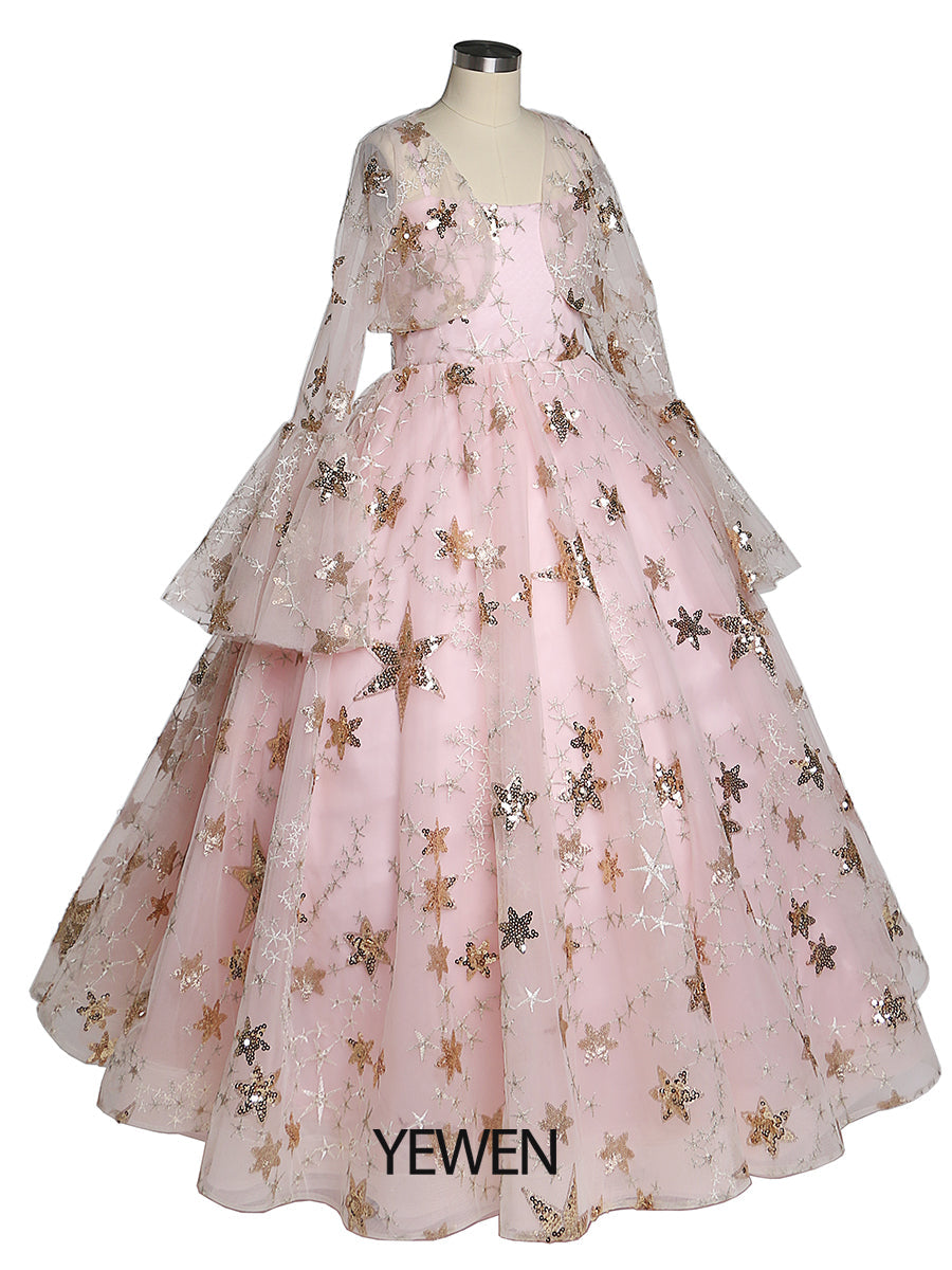 Champagner Stern Tüll Blumenmädchenkleider mit kleinem Umhang für Hochzeiten Geburtstagsfeiern Prinzessin Kinder Fotoshooting Kleid YEWEN YW211225 