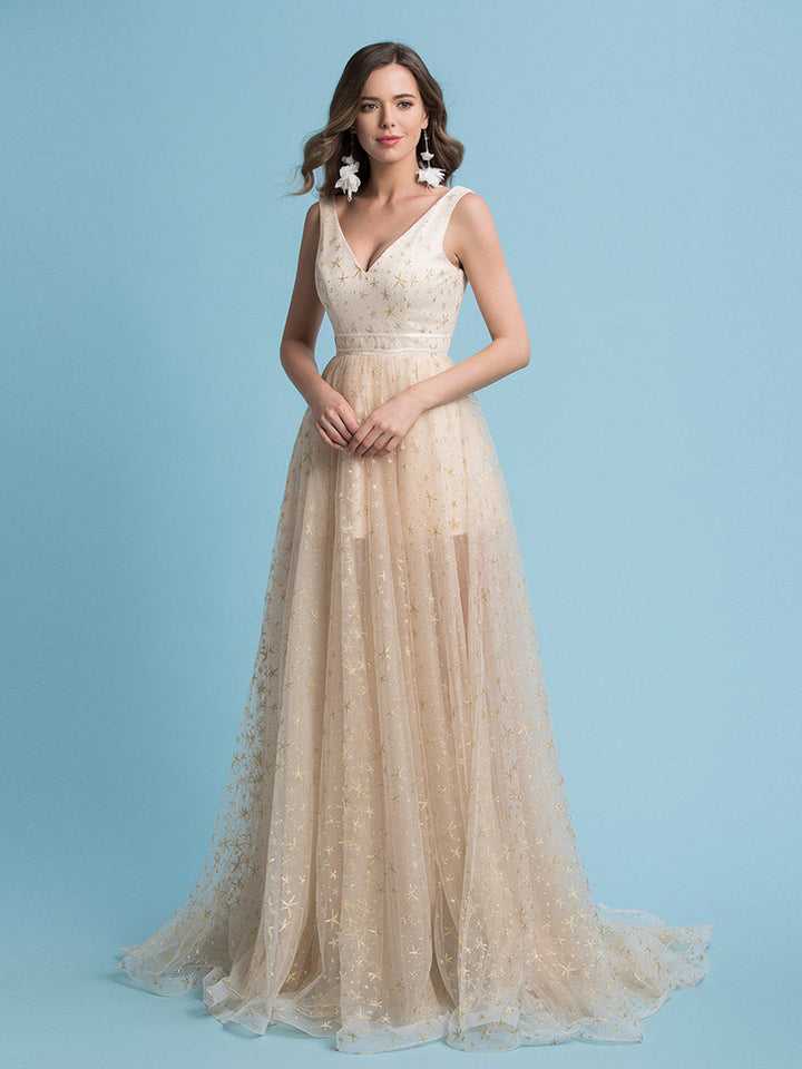 A-Linie Glitzerndes Abendkleid für Hochzeitsgäste, V-Ausschnitt, ärmellos, bodenlang, Tüll mit Sternen 