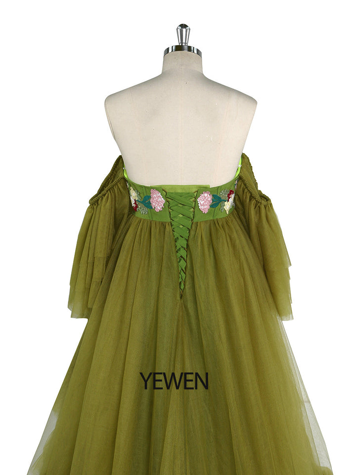 Schulterfreies Umstandskleid mit Stickerei, Spitze, Tüll, für Fotoshootings, Rüschen, Maxikleid für Damen, Fotografie-Outfit YW2045 