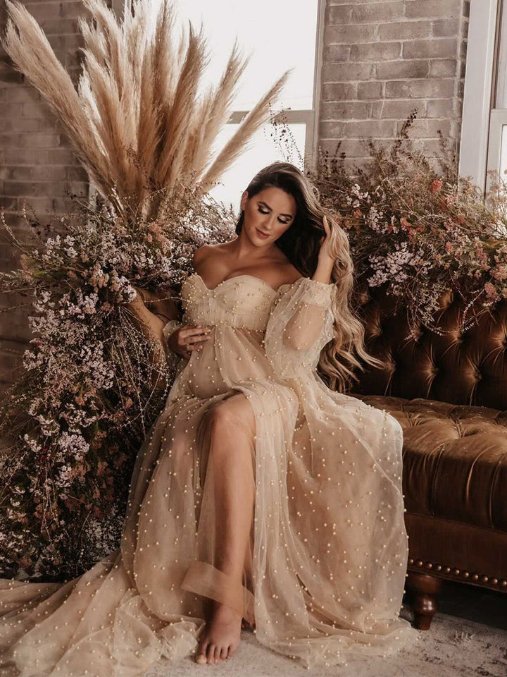 Schulterfreies, elfenbeinfarbenes, langärmliges Umstandskleid mit Perlen vorne und offen, Fotoshooting-Kleid für Damen LT024 