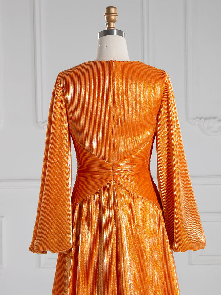 A-line , V Neck, Floor Length, Prom Dresses with Long Sleeves