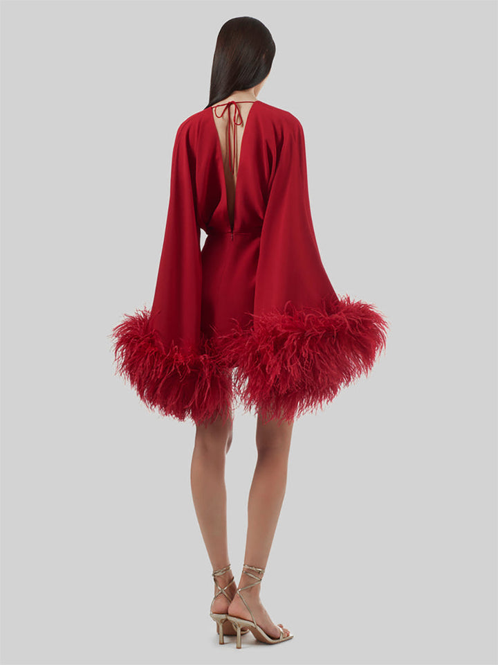 Damen Sexy Doppelter tiefer V-Ausschnitt Lange Ärmel Mit Federn Minikleid Gatsby Cocktail Club Party Kleider 