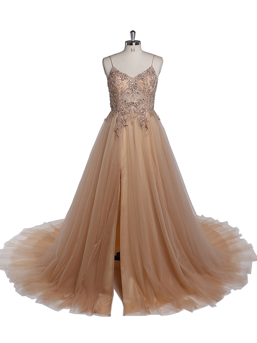 Sexy Partykleid mit Perlen besetztem Spaghettiträger, rückenfreies Maxikleid aus Tüll mit 60 cm Schleppe