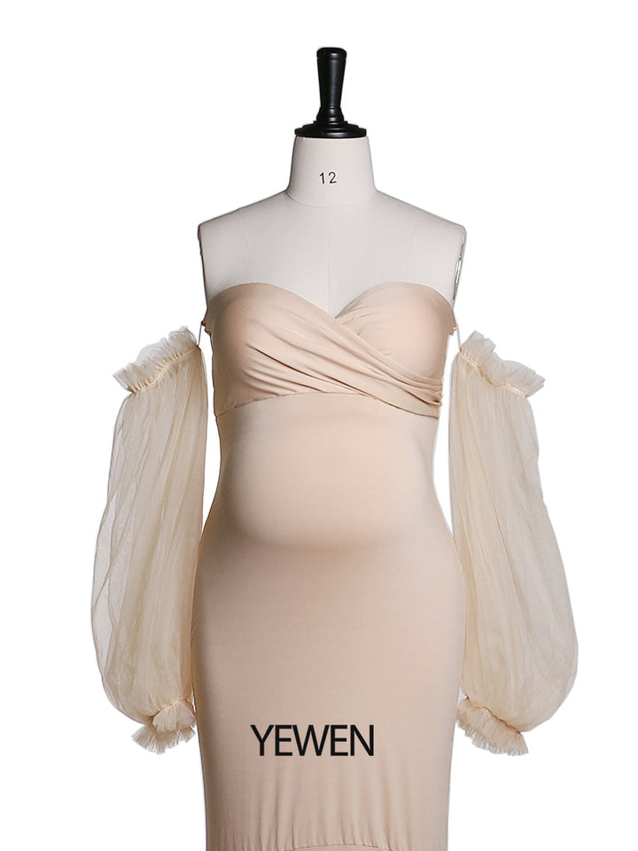 Tüll-Umstandskleid mit langen Ärmeln, dehnbarer Stoff, Meerjungfrau-Stil, für Fotoshootings, Umstandskleid, Brautjungfernkleid, YeWen YW21009 