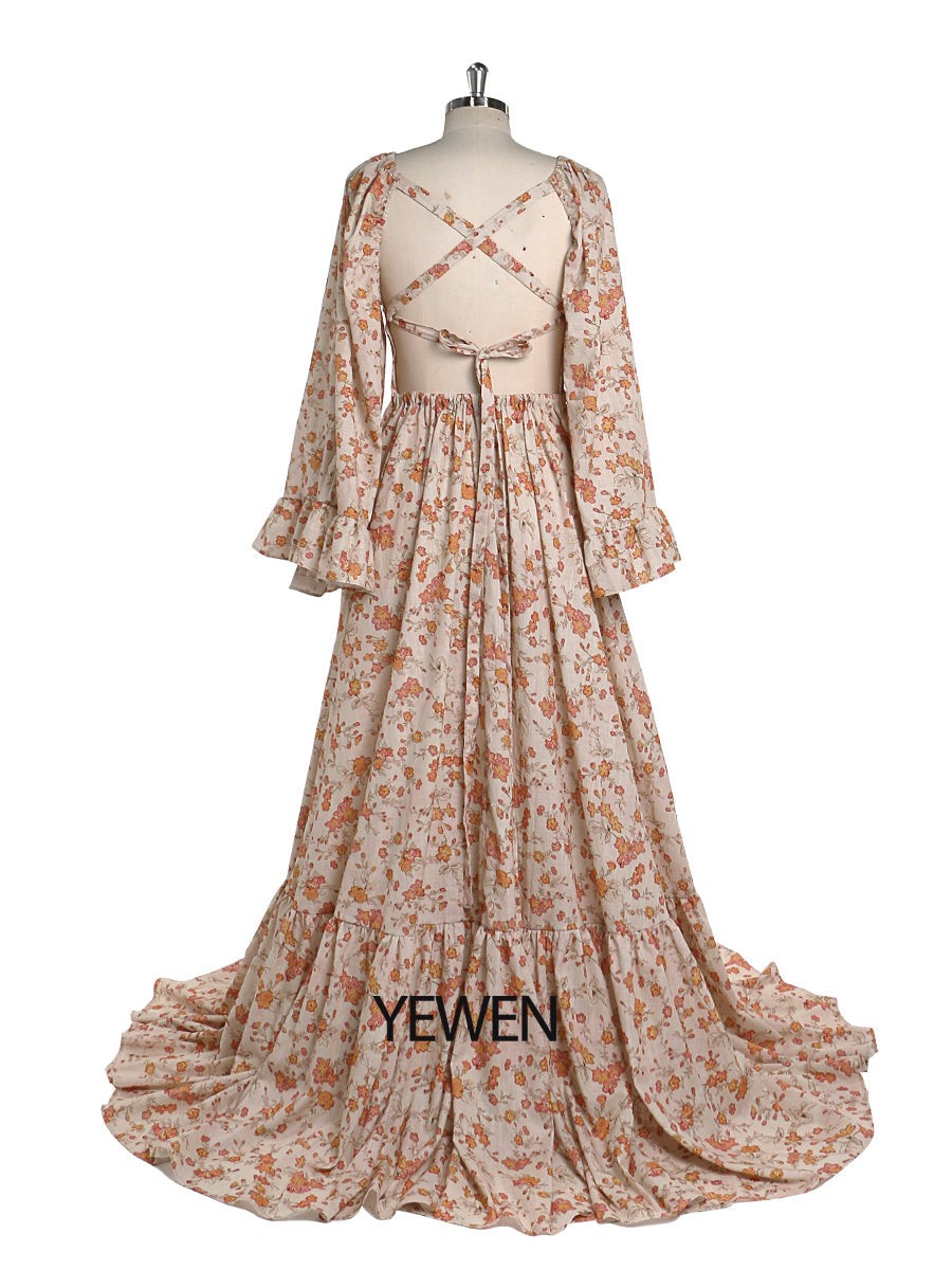 Elegant Cotton Floral Print Woman Maxi Dress Boho Beach Gown Adjustable Back Photography Props YW220810