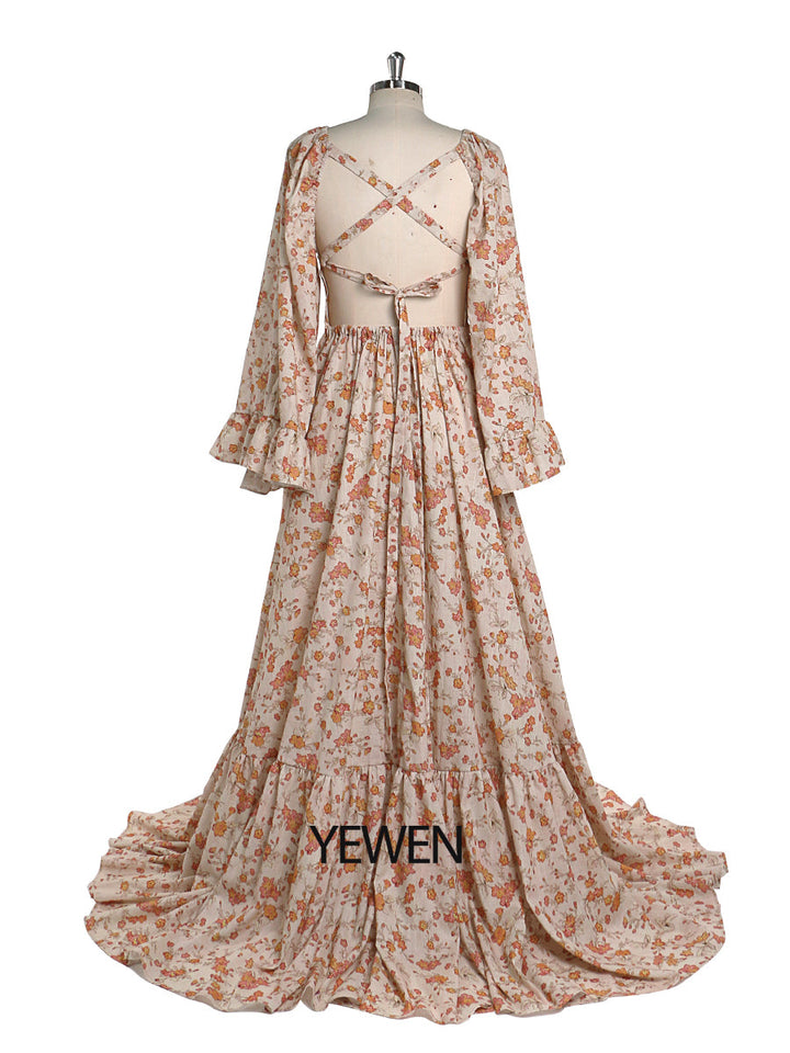 Elegant Cotton Floral Print Woman Maxi Dress Boho Beach Gown Adjustable Back Photography Props YW220810