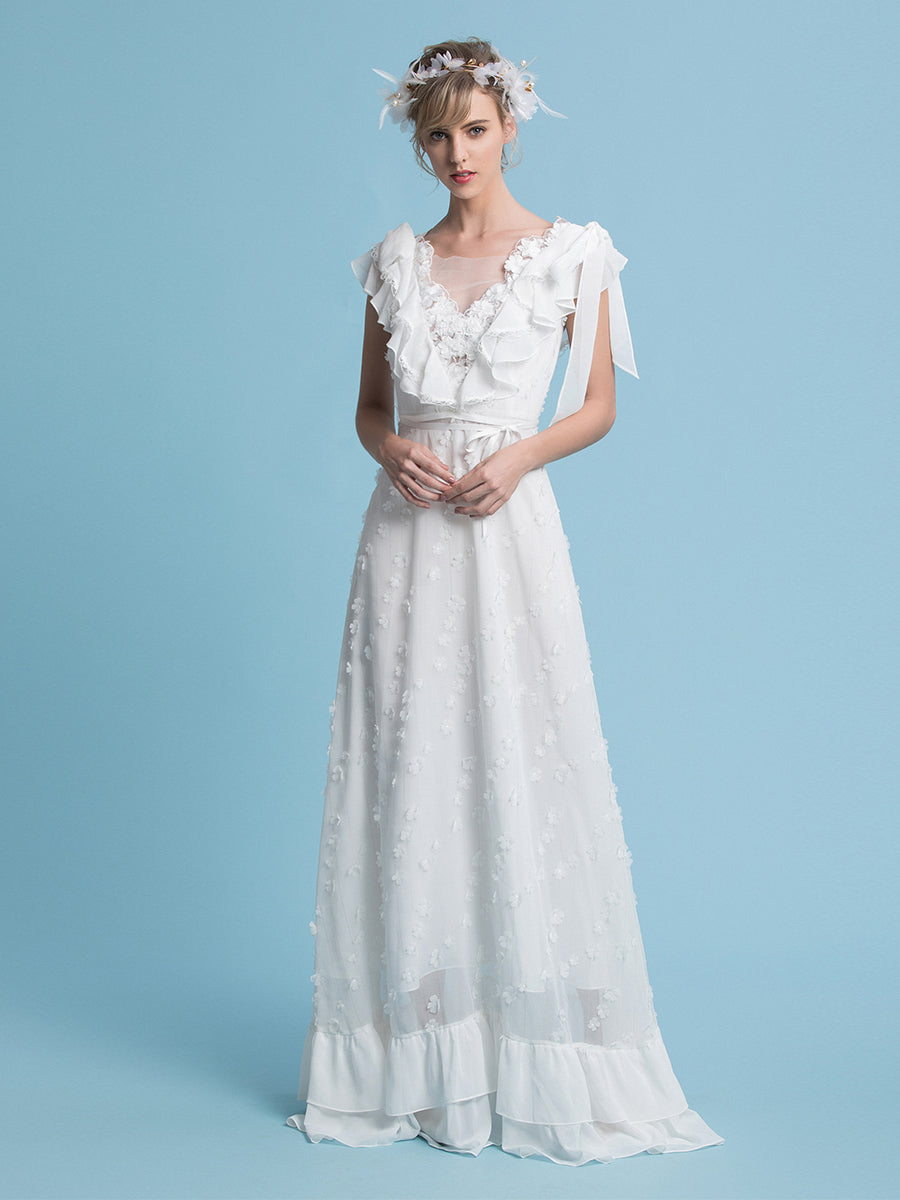 Romantische böhmische Brautkleider V-Ausschnitt Chiffon Boho Hochzeit Brautkleid 