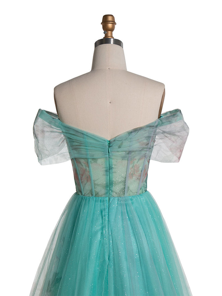 Elegantes, schulterfreies Ballkleid mit Blumenmuster in Aquamarin YE3022 