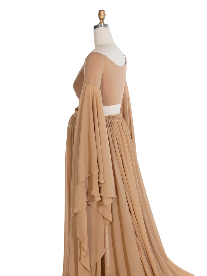 Herbst Umstandskleid für Bilder Rüschenärmel Umstandskleid mit langer Schleppe Boho-Kleid für Fotoshooting YW243111 