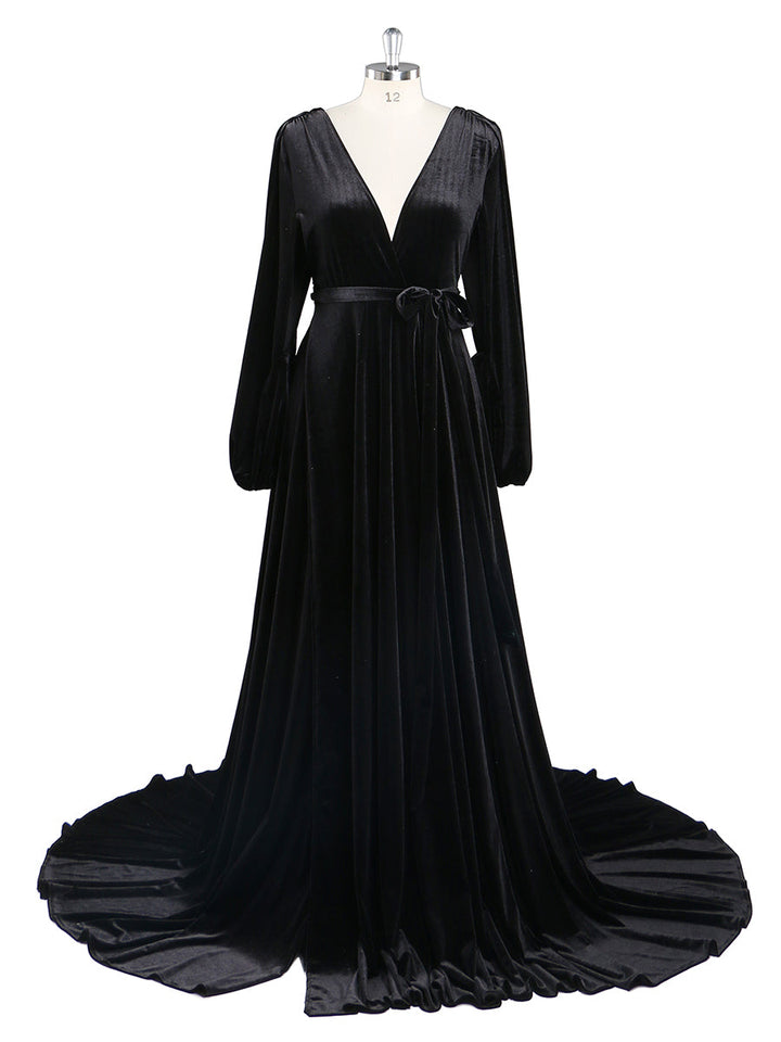 Schwarzes Abendkleid aus Samt mit V-Ausschnitt, langen Ärmeln, Stretch-Taille, seitlichem Schlitz, Fotoshooting-Kleid, Umstandskleider YD211012 