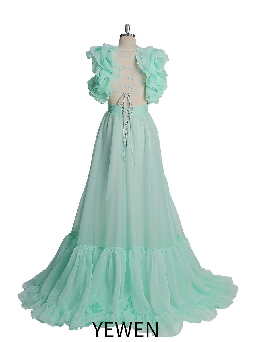 Maxikleid aus Seidenorganza, elegante Rüschen, rückenfrei, Ballkleider, Fotografie-Kleider YW221116