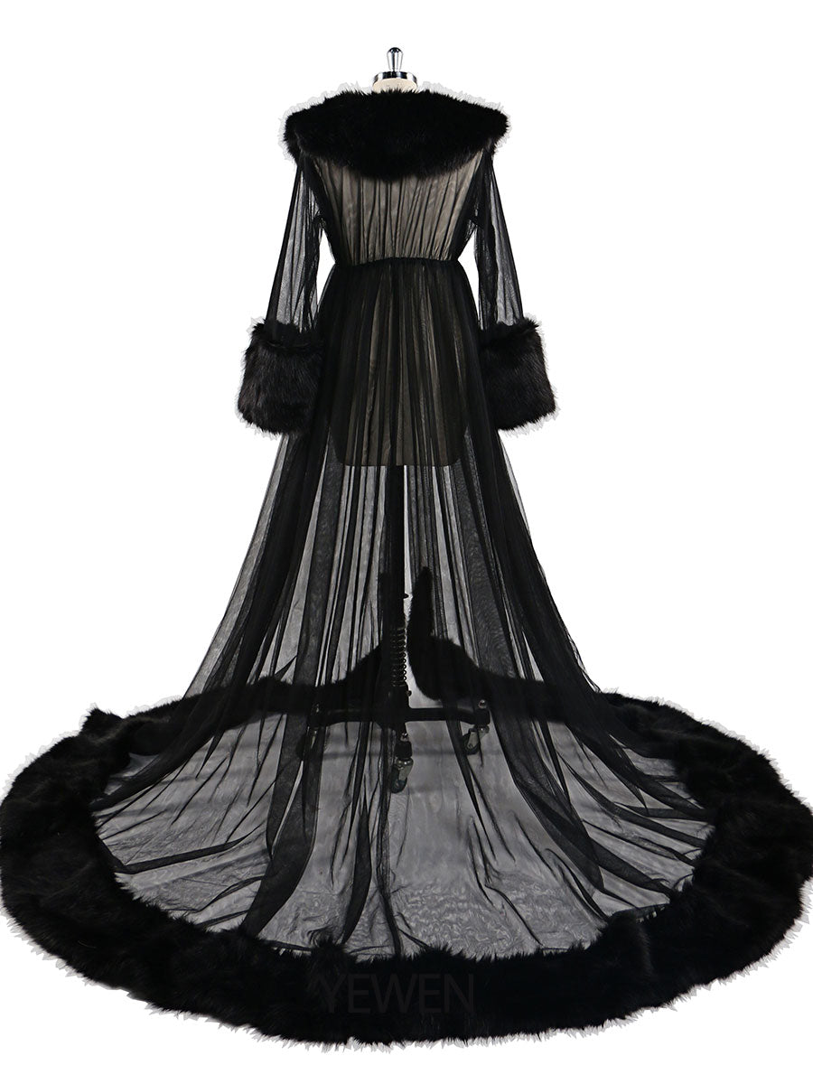 Schwarzes Pelz V-Ausschnitt Langes Umstandskleid für Fotoshooting Fotografie Schwangere Abendkleid 