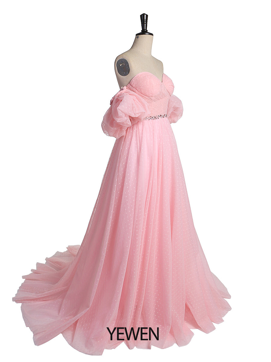 Plus Size Off Shoulder Puffärmel Polka Dot Rosa Ballkleid Fotoshooting-Kleid