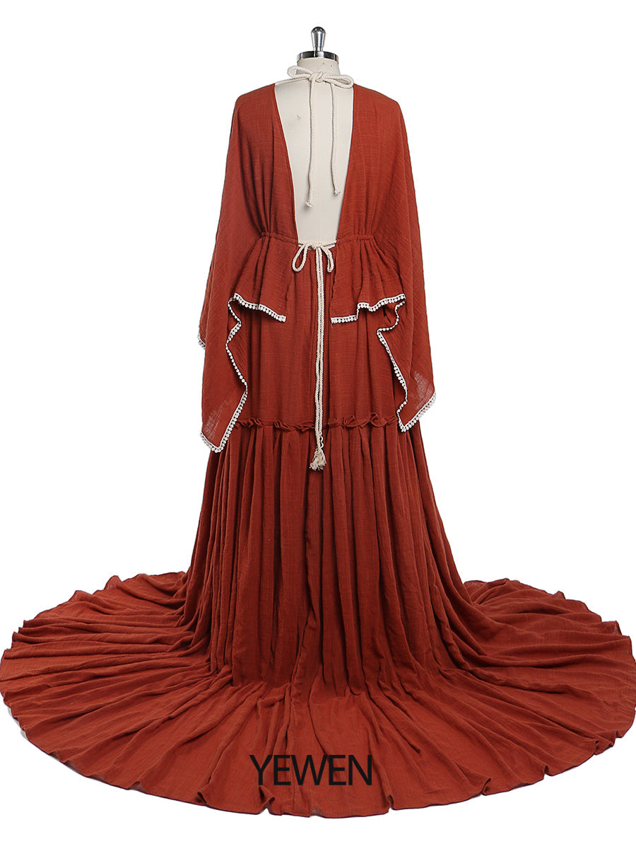Elegantes Umstandskleid für Fotoshooting Lange ausgestellte Ärmel Seitenschlitz Schwangerschaftskleid Baumwoll-Maxikleid YEWEN YW221207
