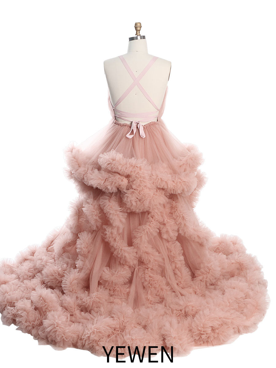 Schwarzes Umstands-Fotoshooting-Kleid mit V-Ausschnitt, gekreuzte Schnürung am Rücken, Babyparty-Kleid, Robe für Fotoshooting, YW220516 