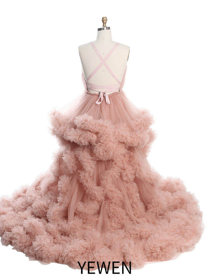 Schwarzes Umstands-Fotoshooting-Kleid mit V-Ausschnitt, gekreuzte Schnürung am Rücken, Babyparty-Kleid, Robe für Fotoshooting, YW220516 