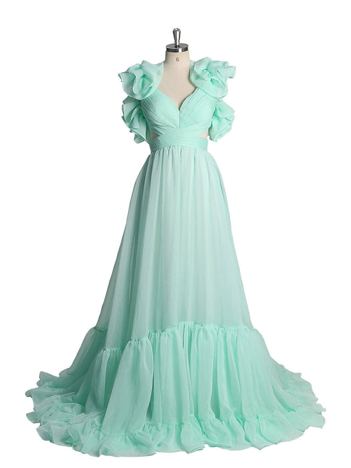 Maxikleid aus Seidenorganza, elegante Rüschen, rückenfrei, Ballkleider, Fotografie-Kleider YW221116