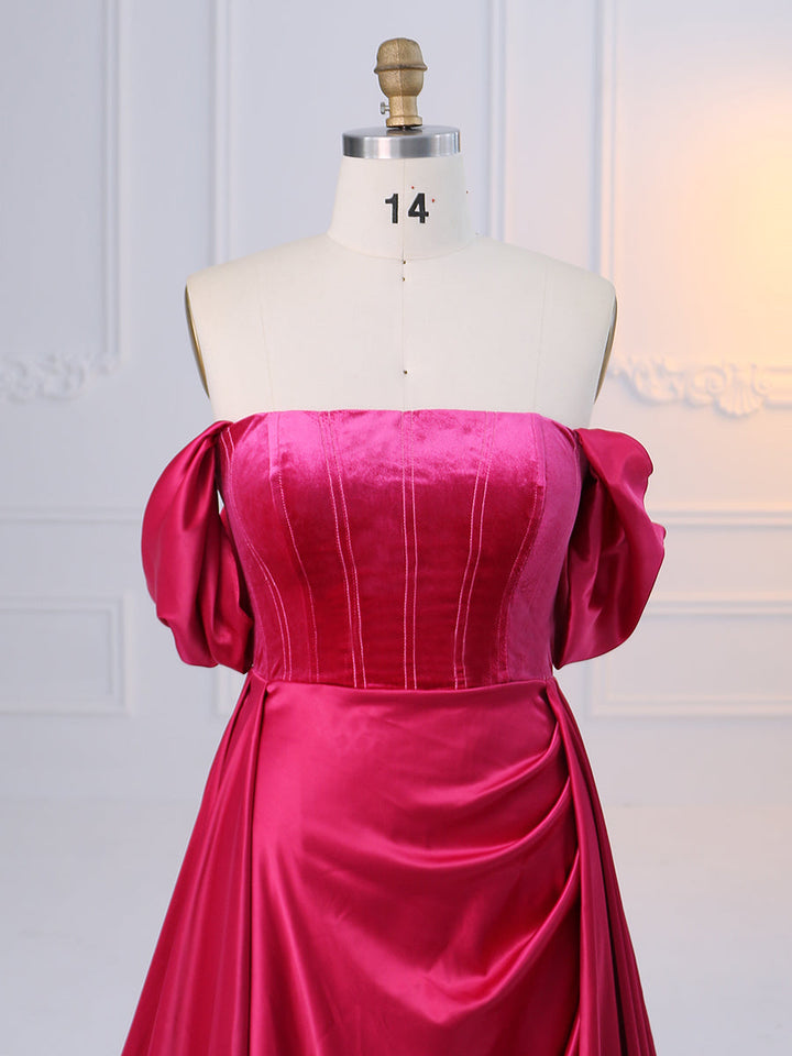 Short Sleeves, Off Shoulder ,Flowy Satin ,Prom Dress,  Photoshoot Dress