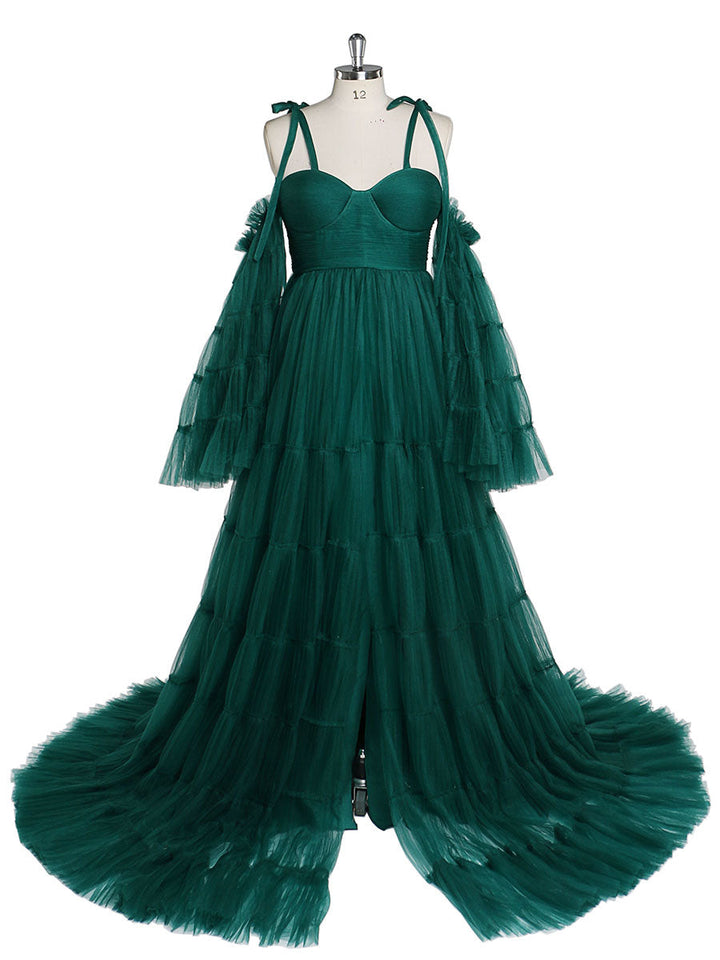 Plissiertes Umstandskleid aus Tüll für Fotoshootings, große ausgestellte Ärmel, Fotoshooting-Kleid für Damen, YW21025