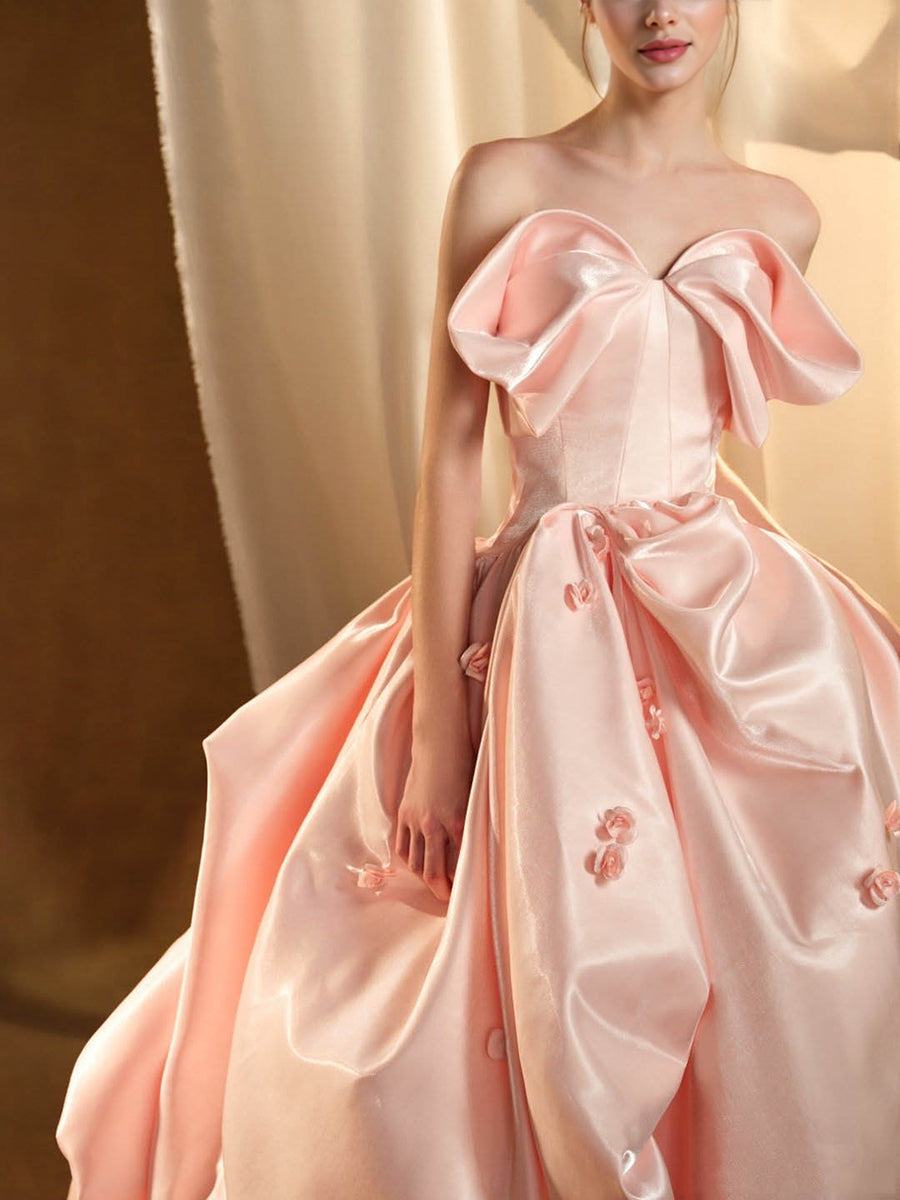 High-End-Mode Candy Pink Satin Cascading Rüschen Ballkleid Hochzeit Partykleid 