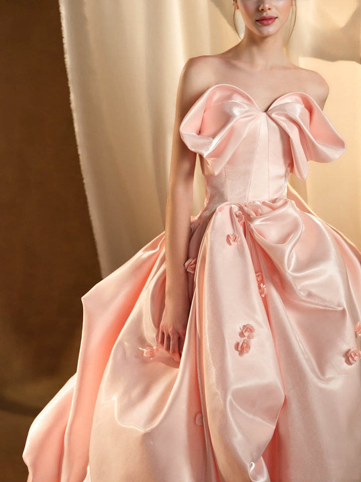High-End-Mode Candy Pink Satin Cascading Rüschen Ballkleid Hochzeit Partykleid 